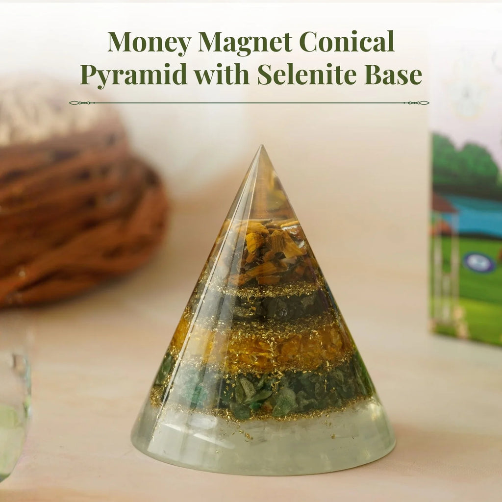 Money Magnet Conical Pyramid with Selenite Base for Vaastu