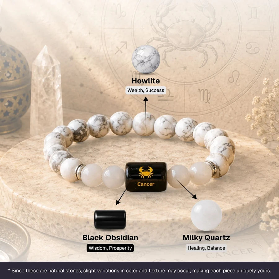 Howlite & Milky Quartz Zodiac Band for Cancer (कर्क राशि)