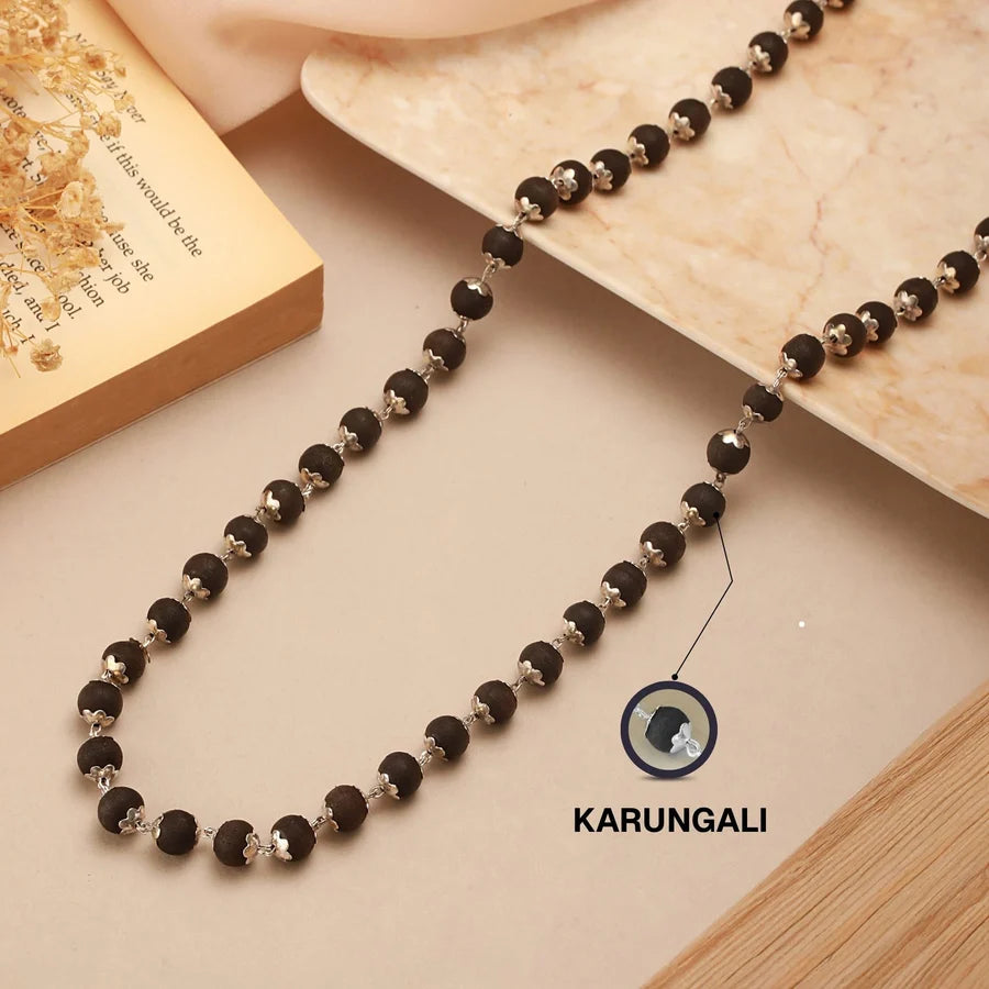 Silver Plated Eternal Karungali Mala - Natural Ebony Wood (Govt. Certified)