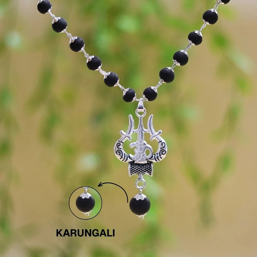 Silver Plated Karungali Necklace with Trishool PendantSilver Plated Karungali Necklace with Trishool Pendant