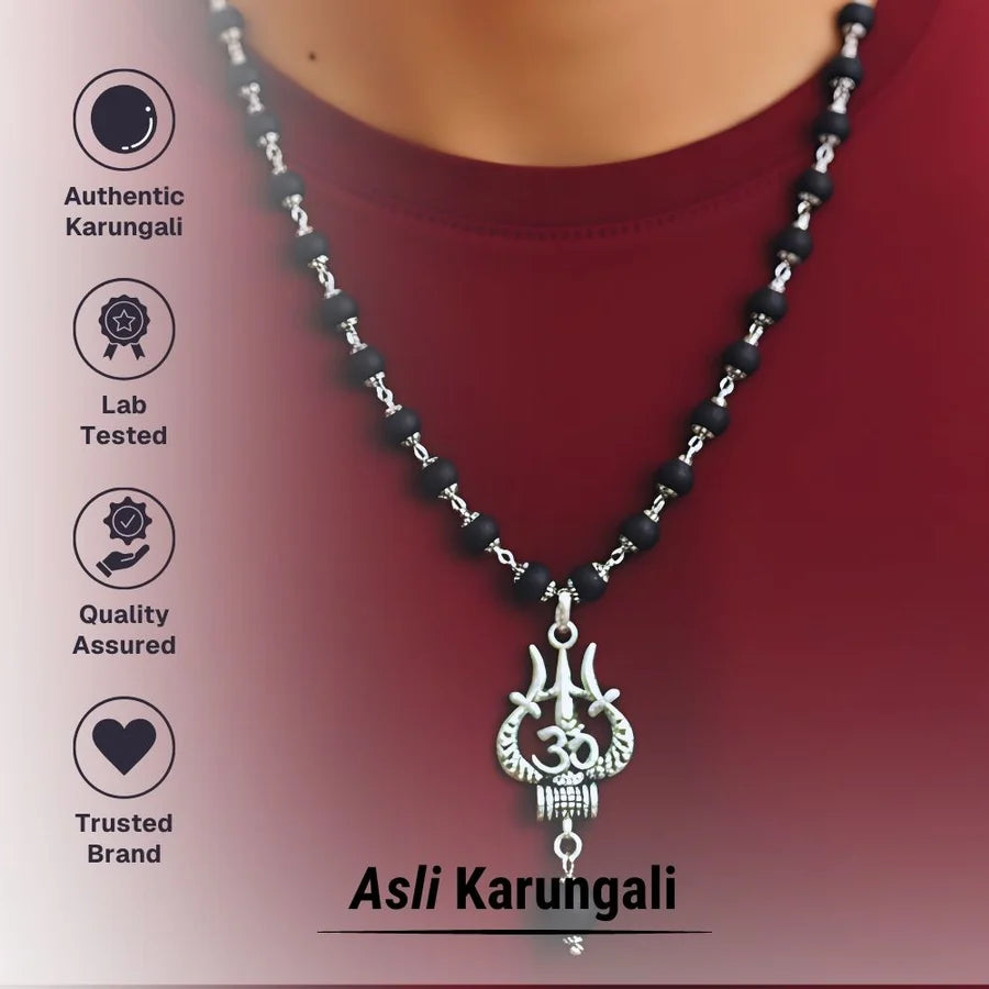 Silver Plated Karungali Necklace with Trishool PendantSilver Plated Karungali Necklace with Trishool Pendant