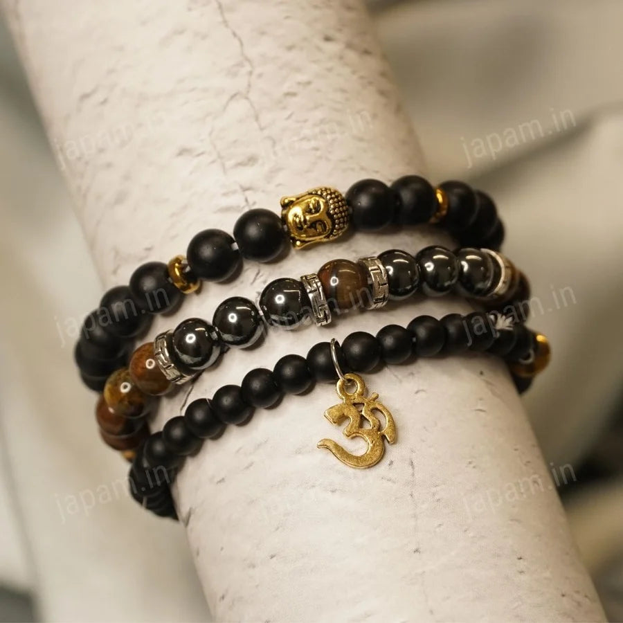 Power Om Energy Combo of Black Onyx, Hematite & Tiger Eye BandsPower Om Energy Combo of Black Onyx, Hematite & Tiger Eye Bands