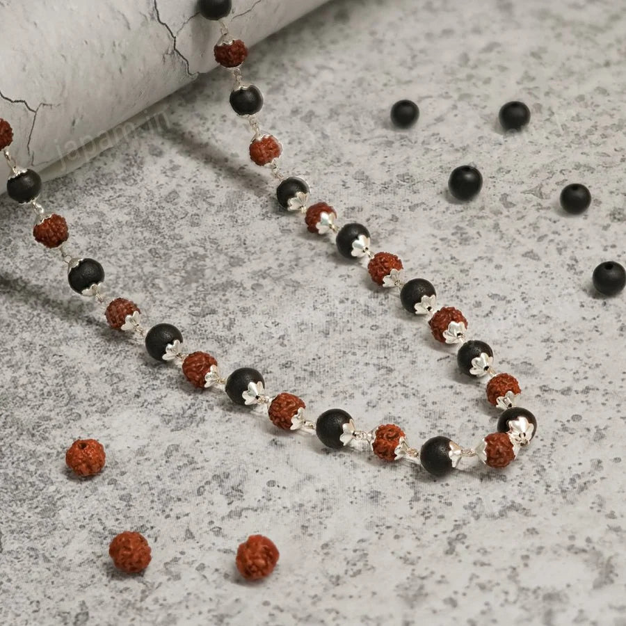 Silver Plated Rudraksha Karungali Mala + Bracelet Combo