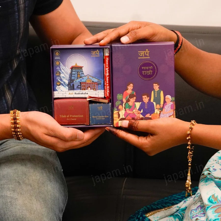 Gold Plated Bhaiya Bhabhi Rudraksha Ki Rakhi - Complete Rakhi Hamper
