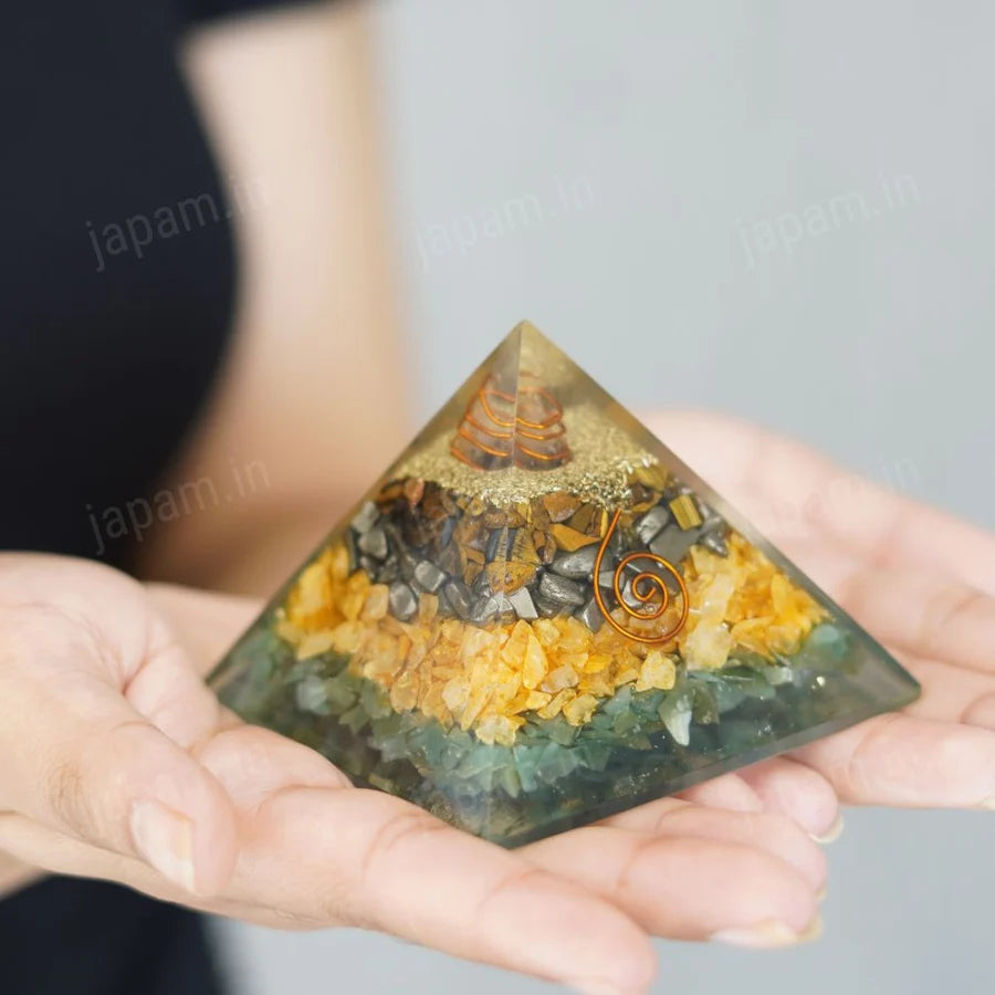 Money Magnet Pyramid with Pyrite, Tiger Eye, Citrine and Aventurine Stones for Vaastu