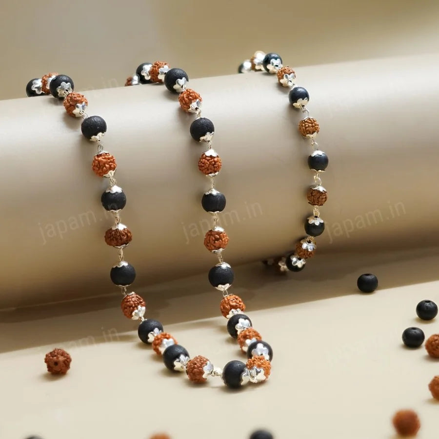 Silver Plated Rudraksha Karungali Mala + Bracelet Combo