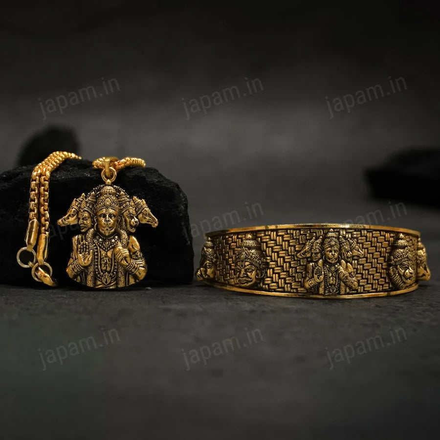 Gold Plated Panchmukhi Hanuman Ji Necklace & Bracelet Combo