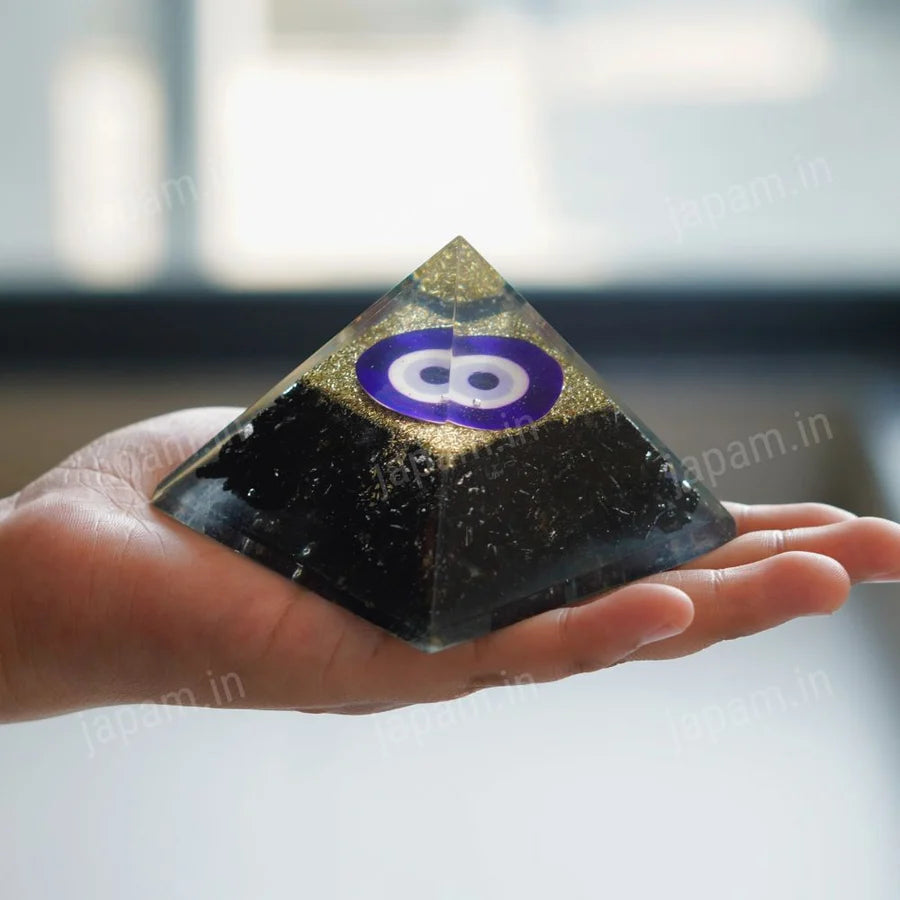 Evil Eye Guardian Pyramid with Pyrite & Black Obsidian Stone for Vaastu