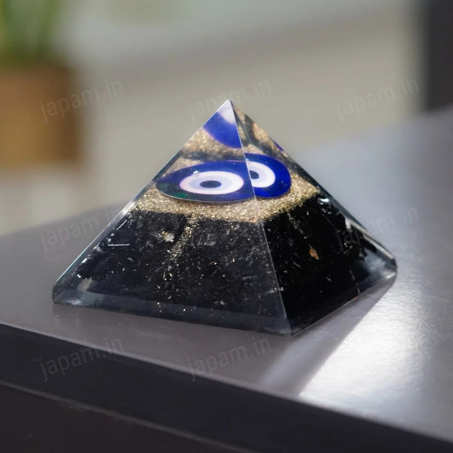 Evil Eye Guardian Pyramid with Pyrite & Black Obsidian Stone for Vaastu