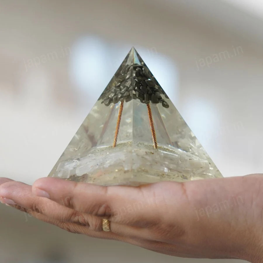 Wealth Amplifier Pyramid with Pyrite & Selenite Stones for Vaastu