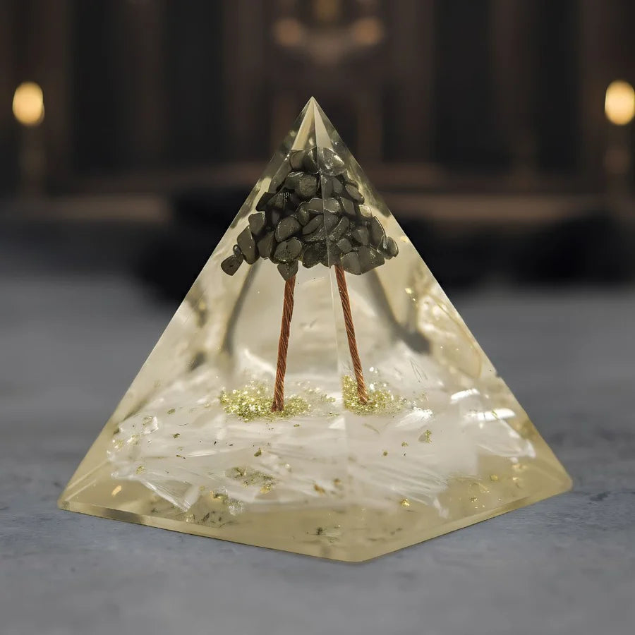 Wealth Amplifier Pyramid with Pyrite & Selenite Stones for Vaastu