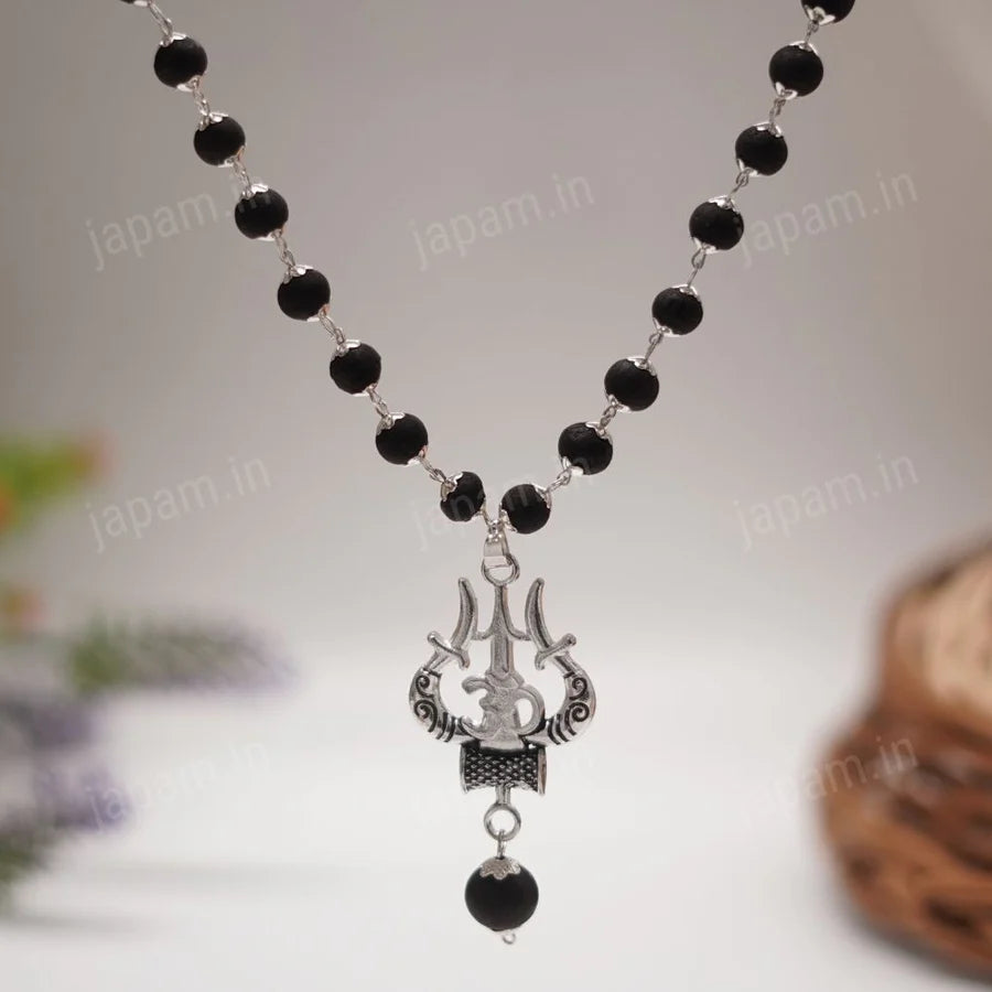 Silver Plated Karungali Necklace with Trishool PendantSilver Plated Karungali Necklace with Trishool Pendant