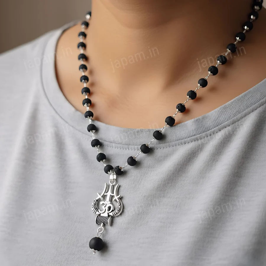 Silver Plated Karungali Necklace with Trishool PendantSilver Plated Karungali Necklace with Trishool Pendant